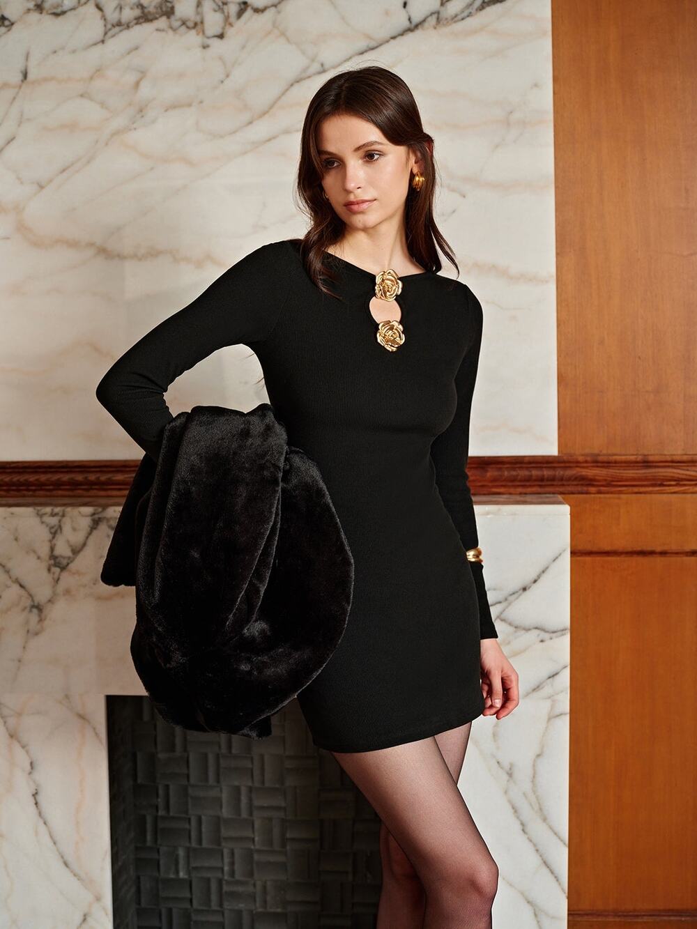 Commense Gold Metal Floral Black Ribbed Stretch Long Sleeve Mini Dress NWT M